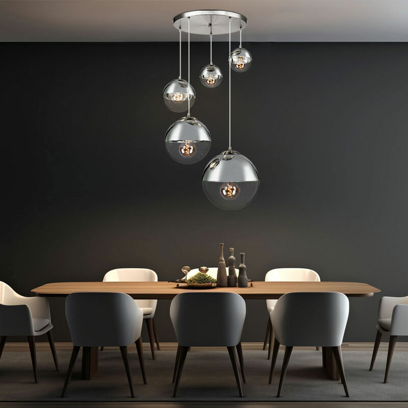 Image of Lampada a sospensione per sala da pranzo moderna lampada da tavolo da pranzo sfere di vetro 5 lampadine grande lampada a sfera di vetro, nichel