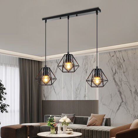 Lampada a Sospensione, Plafoniera con Ø16cm Mini Diamante Gabbia, E27 Attacco, Illuminazione per Soggiorno Sala da Pranzo Camera da Letto Nero - 3 Luci con Base Rettangolare