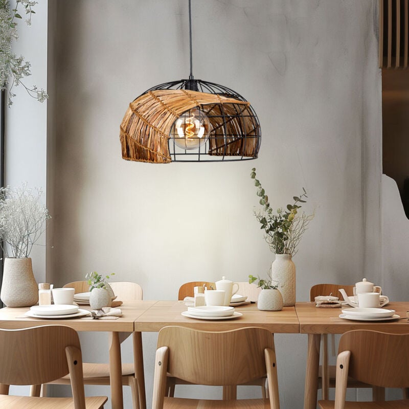 Image of Etc-shop - Lampada a sospensione plafoniera soggiorno lampada sala da pranzo intreccio d'erba chiaro, metallo nero effetto griglia naturale, 1x