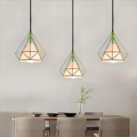 Lampada a Sospensione, Plafoniera Vintage con Gabbia di Ø25cm Diamante, Illuminazione E27 per Soggiorno Sala da Pranzo Taverna (3PCS Verde)