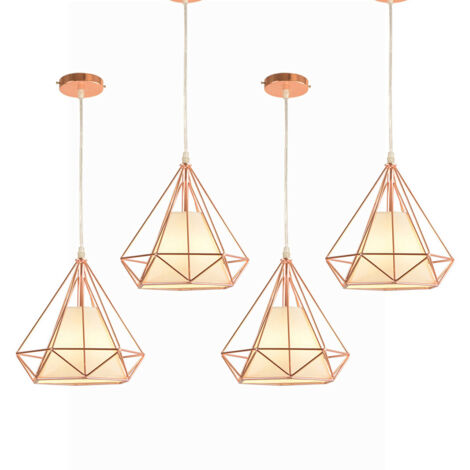 Lampada a Sospensione, Plafoniera Vintage con Gabbia di Ø25cm Diamante, Illuminazione E27 per Soggiorno Sala da Pranzo Taverna 4X Oro Rosa