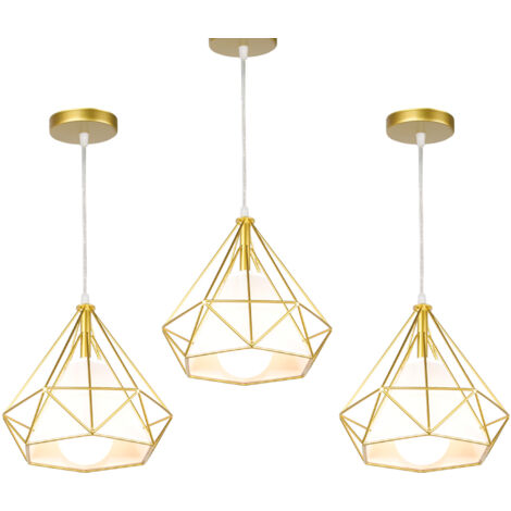 Lampada a Sospensione, Plafoniera Vintage con Gabbia di Ø25cm Diamante, Illuminazione E27 per Soggiorno Sala da Pranzo Taverna Tutto Oro 3PCS