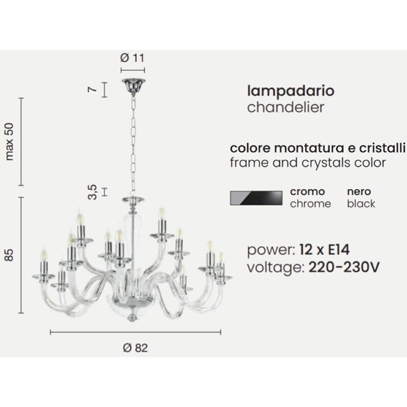 Image of Ondaluce - Lampada a sospensione ravel 12 luci in vetro lavorato a mano nero