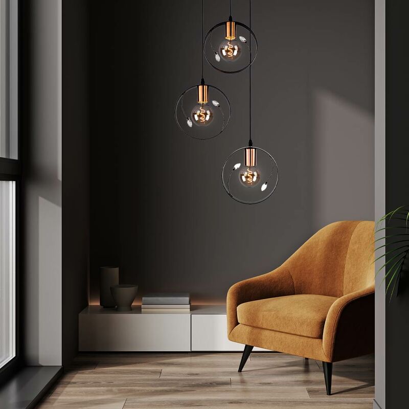 Image of Etc-shop - Lampada a sospensione retrò a soffitto, design ad anello, soggiorno, cristallo, luce a pendolo, nero