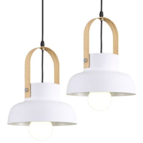 Lampada a Sospensione Retrò Lampadario da Soffitto in Legno Metallo Plafoniera Regolabile Bianco 2 Pezzi
