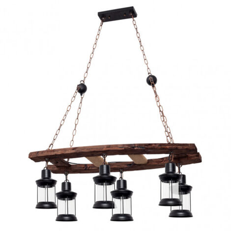 Lampada a sospensione rustica “Finca” a sei luci 6xE27 IP20 60-90x78x40cm colore nero e legno