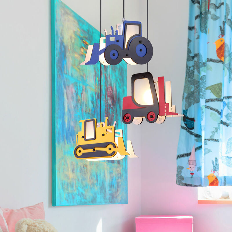 Image of Lampada a sospensione sala giochi lampada a sospensione trattore led lampada per cameretta bambini 3 fiamme, veicoli colorati, mdf, 3x led 4W 400lm