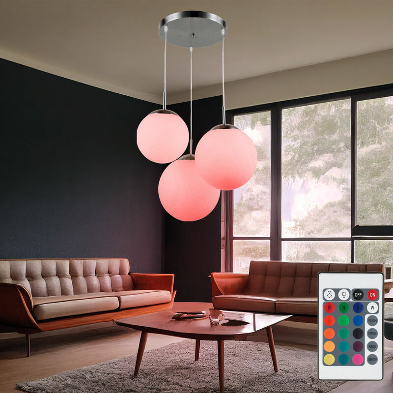 Image of Lampada a sospensione a soffitto per soggiorno, dimmer a sfera con telecomando, in un set che include lampadine a led rgb