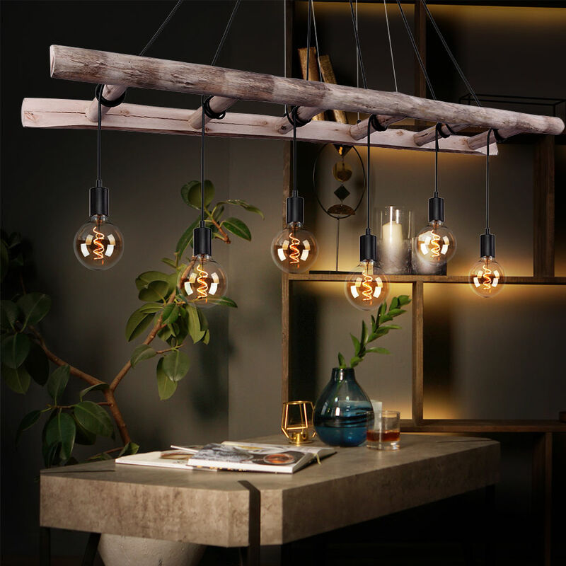 Image of Etc-shop - Lampada a sospensione scala in legno lampada da sala da pranzo lampada a sospensione stile country legno naturale, metallo nero, altezza
