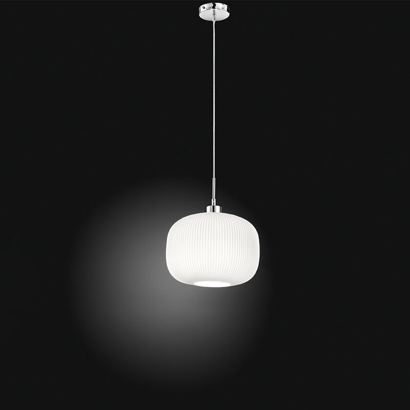 Image of Lampadario In Metallo Contemporaneo Plisse' Cromo 1 Luce E27 Ovale - Bianco