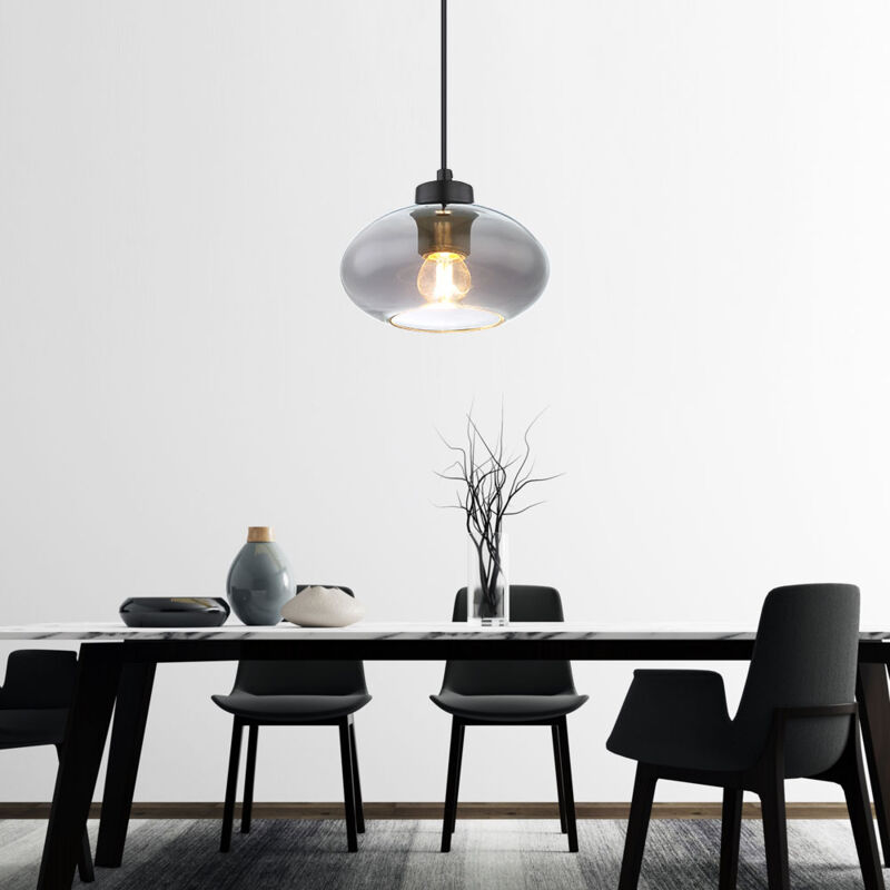 Image of Lampada a sospensione in vetro fumé, lampada a sospensione in vetro fumé, lampada a sospensione vintage per soggiorno, metallo nero, 1 attacco E27,