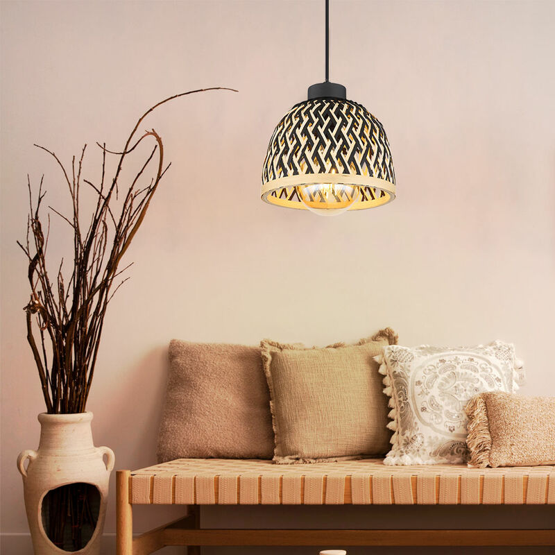 Image of Lampada a sospensione soggiorno lampada a sospensione bambù sala da pranzo lampada marrone boho lampada in legno intrecciata rotonda, metallo nero