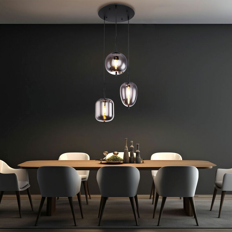 Image of Globo - Lampada a sospensione soggiorno lampada a sospensione lampada da tavolo da pranzo design leggero 3 fiamme, vetro fumé, 3x E14, DxH 46x120 cm