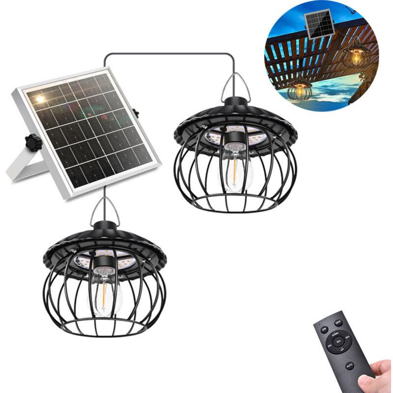 Lampada a sospensione solare a due teste, lampada a sospensione, con telecomando, dimmerabile, impermeabile, per gazebo e cortili (luce calda)