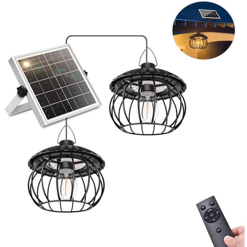 Lampada a sospensione solare a due teste, lanterna, impermeabile, timer, con telecomando, adatta per cortili e pergolati (luce bianca).