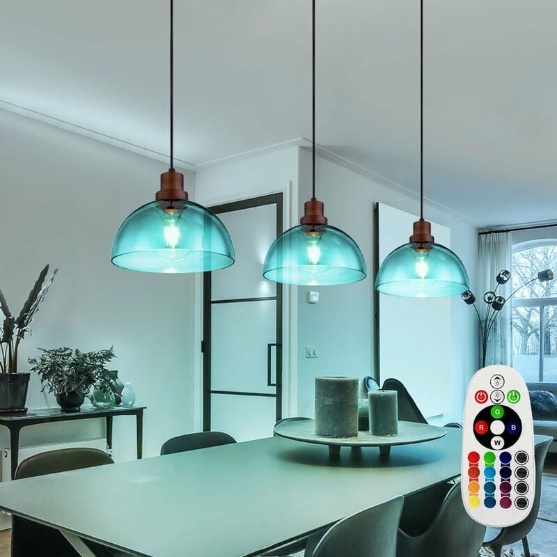 Image of Lampada a sospensione tavolo da pranzo lampada a sospensione nera 3 fiamme dimmerabile con telecomando, cambia colore rgb, aspetto legno marrone