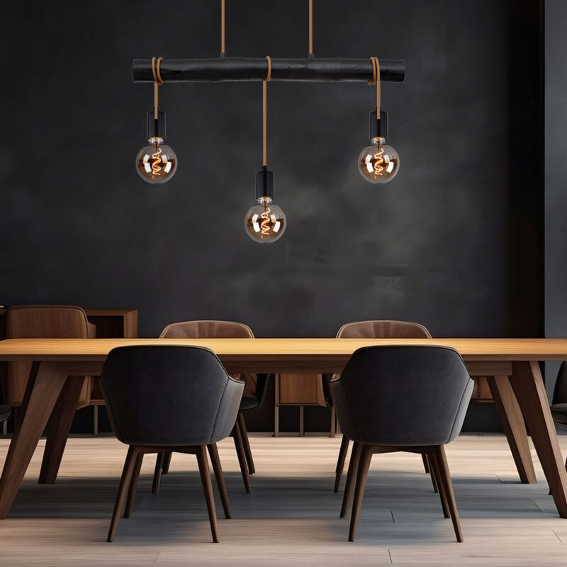 Image of Globo - Lampada a sospensione tavolo da pranzo lampada a sospensione nera lampada da soggiorno moderna, lampada in legno corda a 3 luci regolabile in