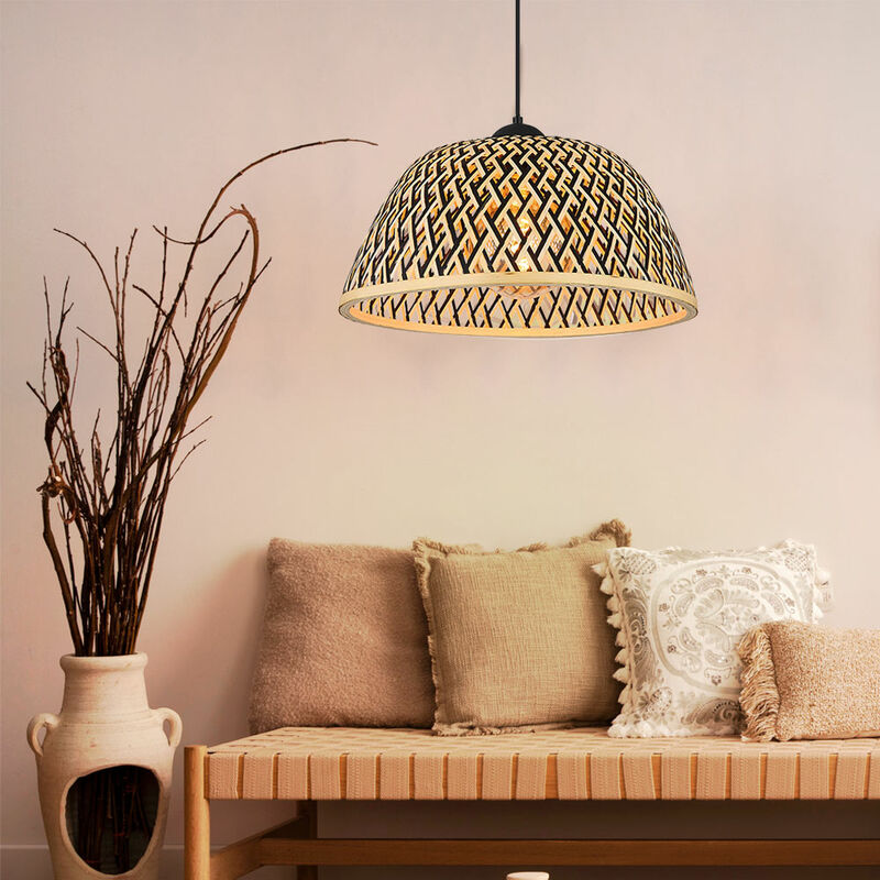 Image of Etc-shop - Lampada a sospensione tavolo da pranzo lampada da sala da pranzo in bambù marrone, lampada in legno boho intrecciata rotonda, nero, E27,