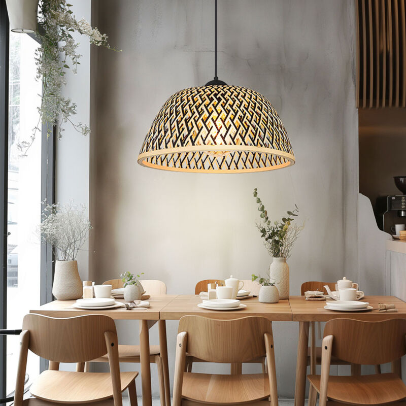 Image of Globo - Lampada a sospensione tavolo da pranzo lampada da sala da pranzo in bambù marrone, lampada in legno boho intrecciata rotonda, nero, E27, PxH