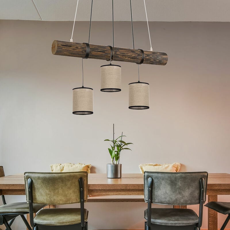 Image of Lampada a sospensione, tavolo da pranzo, legno, lampada da soggiorno, regolabile in altezza, casa di campagna, tessuto, 3x E27, LxLxA 65x13x140cm