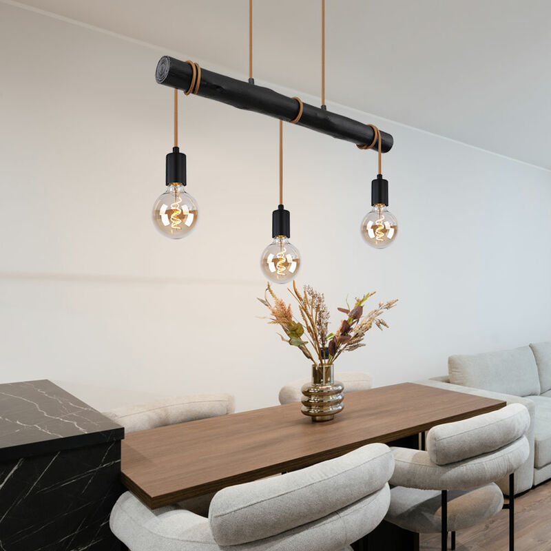 Image of Lampada a sospensione, tavolo da pranzo, nera, lampada da soggiorno, lampada in legno, corda, altezza regolabile, metallo, 3x E27, LxLxA 60x5x120 cm