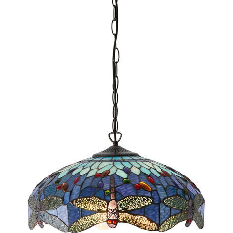 Lampada a sospensione Tiffany in vetro Blu Libellula 3xE27