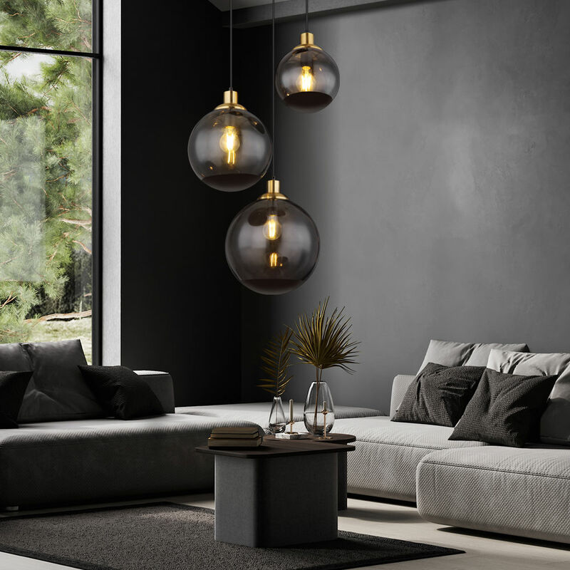 Image of Etc-shop - Lampada a sospensione vetro moderna lampada a sospensione soggiorno vetro fumè nero 3 fiamme, sfere in vetro metallo ottone retrò, 3