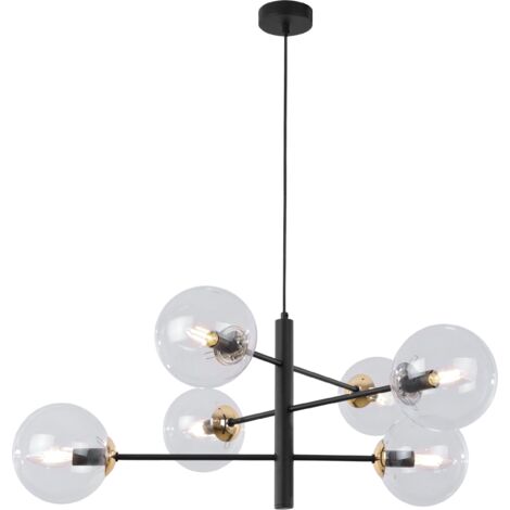 LAMPADA A SOSPENSIONE VICENZA NERA E ORO 6 LAMPADE TRASPARENTI PIATTE E14