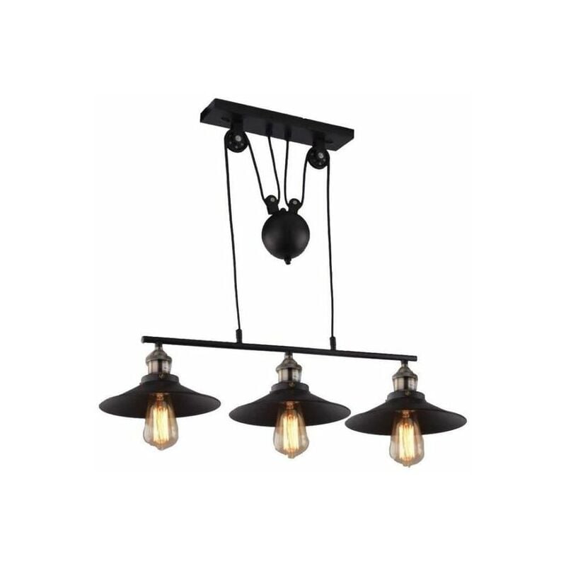 Lampada a Sospensione Vintage, 3 Luci Industriale Stile Lampadario da Soffitto Regolabile, Illuminazione a Puleggia in Ferro Edison E27 per Cucina