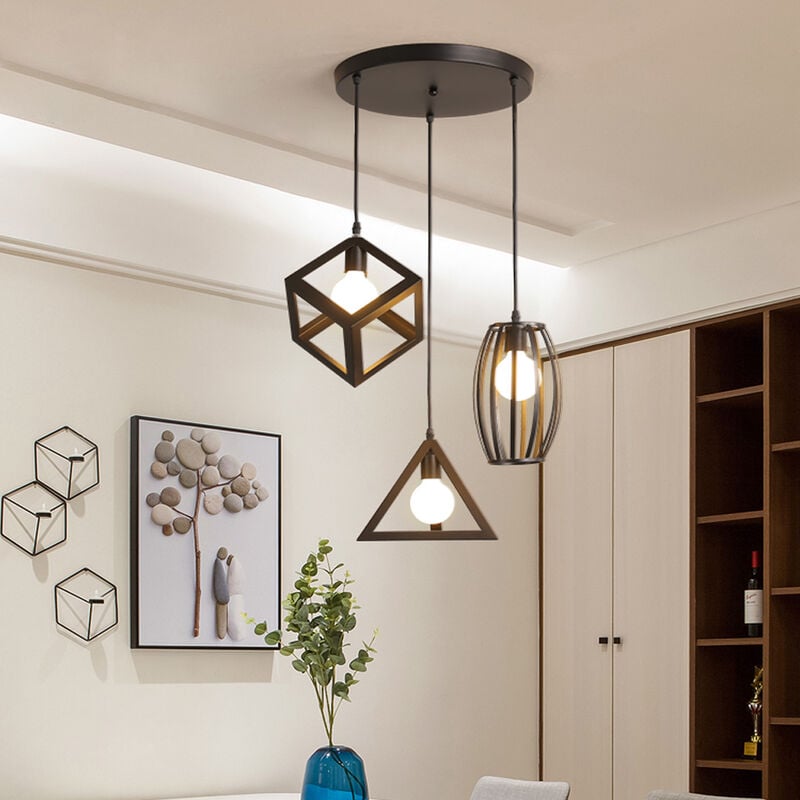 Image of Axhup - Lampada a Sospensione Vintage, 3 Luci Lampada da Soffitto con Gabbia Geometrico, Creativo Illuminazione E27 Attacco Nero - Base Rotonda