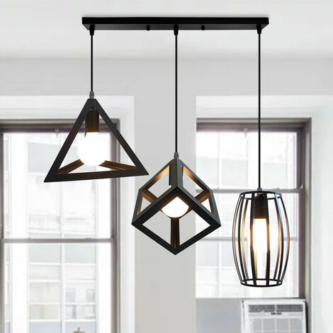 Lampada a Sospensione Vintage, 3 Luci Lampada da Soffitto con Gabbia Geometrico, Creativo Illuminazione E27 Attacco Nero - Base Rettangolare