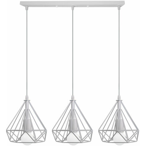 Lampada a Sospensione Vintage, 3 Luci Plafoniera con Ø20cm Gabbia di Diamante, Decorazione di Illuminazione in Metallo per Soggiorno Cucina di Casa Ristorante Cafe (Bianco)