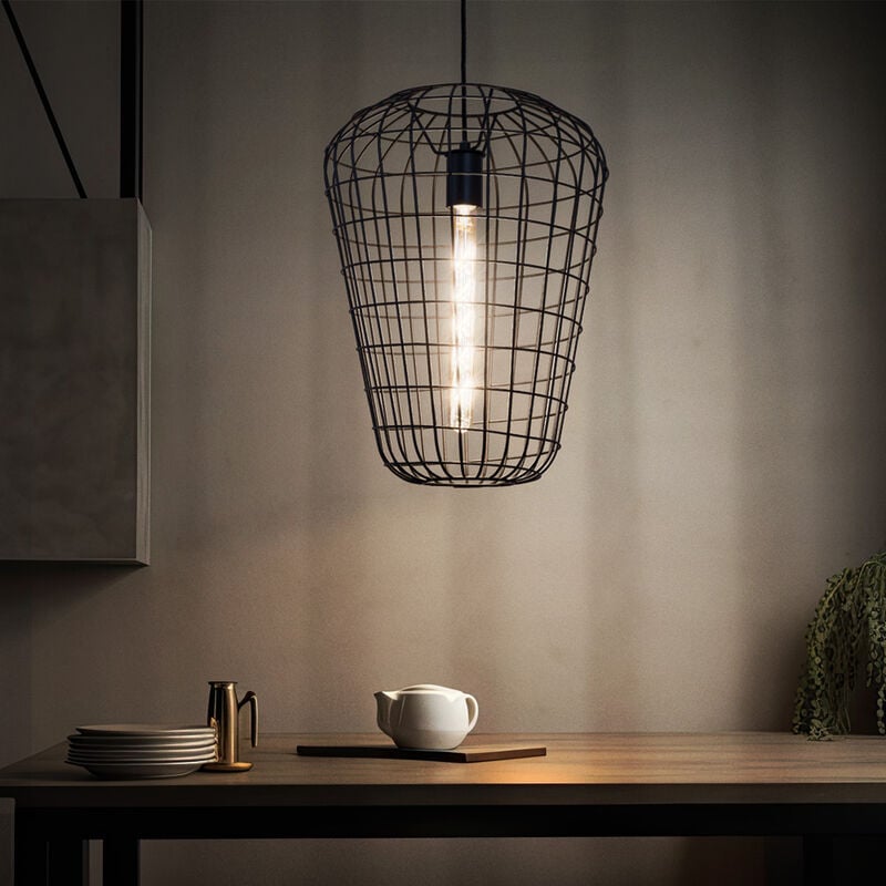 Image of Lampada da soffitto a sospensione vintage a filamento nero, faretto a gabbia per soggiorno retrò in un set con lampadine a led