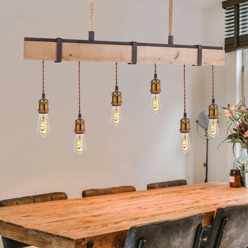 Image of Lampada a pendolo da soffitto vintage ruggine sala da pranzo con trave di legno a sospensione in un set che include lampadine a led