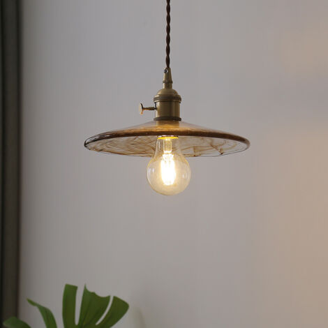 Lampada a Sospensione Vintage E27 Luci a Soffitto in Ottone Lampadario Paralume Vetro Ambra - Ø23CM A