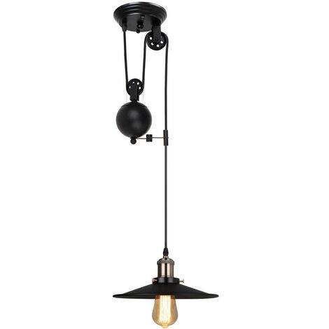 Lampada a Sospensione Vintage, Industraile Stile Lampadario da Soffitto con Ø26cm Paralume Regolabile, Illuminazione a Puleggia in Ferro Edison E27 per Cucina Isaland Camera da Letto Nero - 1 Luci