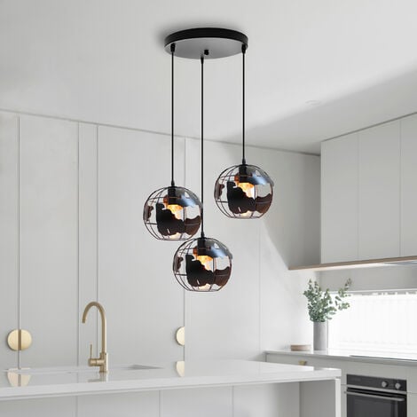 Lampada a Sospensione, Vintage Lampada da Soffitto con Ø20cm Gabbia Globo, Industriale Stile Illuminazione Rotonda in Metallo con E27 Attacco per Soggiorno Cucina Camera da Letto Loft Nero - 3 Pezzi B