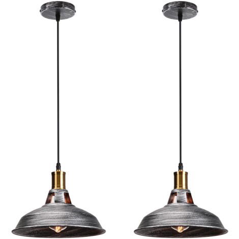 Lampada a Sospensione, Vintage Lampada da Soffitto con Paralume in Metallo, Industriale Stile Illuminazione Supporto Edison E27 per Corridoio Cucina Isaland Camera da Letto Scala Argento - 2 Pezzi