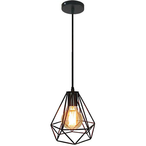 Lampada a Sospensione, Vintage Lampadario con Ø20cm Gabbia in Metallo Diamante, Lampadari E27 Edison Lampadina per Soggiorno Cucina Nero