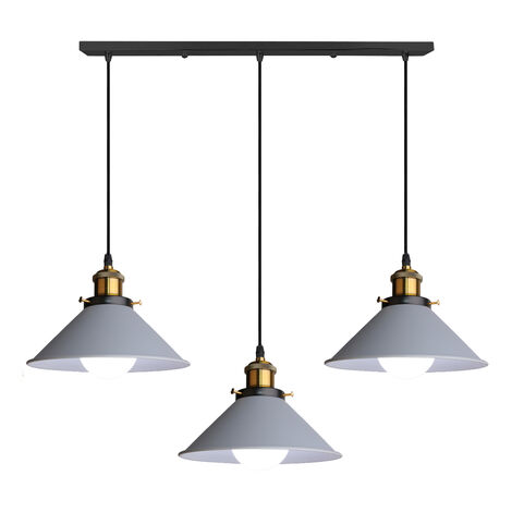 Lampada a Sospensione, Vintage Lampadario da Soffitto con Ø22cm Paralume in Ferro, Illuminazione in Industriale Stile E27 per Cucina Camera da Letto Grigio - 3 Luci Base Rettangolare