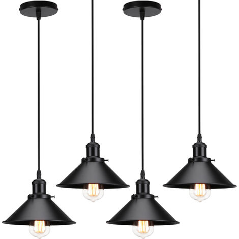Lampada a Sospensione, Vintage Lampadario da Soffitto con Ø22cm Paralume in Ferro, Illuminazione in Industriale Stile Edison E27 per Cucina Isaland Camera da Letto (4X Tutto Nero)