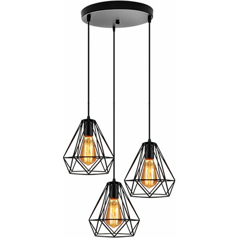 Lampada a Sospensione, Vintage Plafoniera con Ø20cm Gabbia in Metallo Diamante, Lampadari E27 Edison Lampadina per Soggiorno Cucina Nero - 3 Luci con Base Rotonda