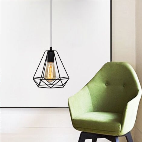Lampada a Sospensione, Vintage Plafoniera con Ø20cm Gabbia in Metallo Diamante, Lampadari per Soggiorno Cucina Nero - 1 Luci