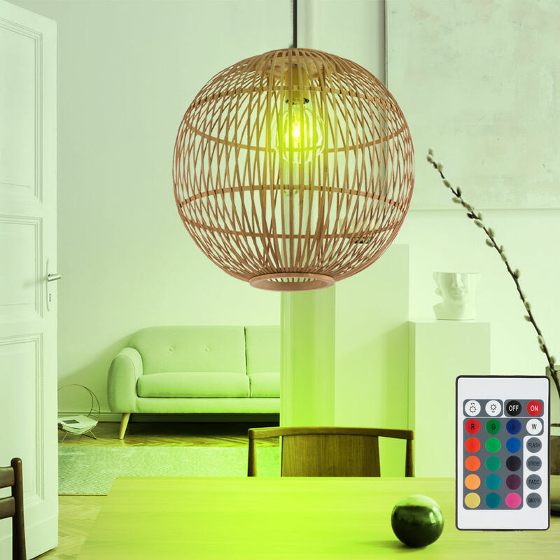 Image of Lampada a pendolo con telecomando a luce treccia di bambù appesa al soffitto a sfera dimmerabile in un set che include lampadine a led rgb