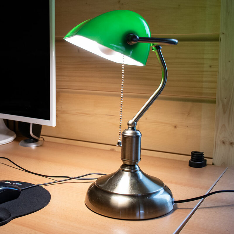 Image of Lampada Banker lampada da tavolo orientabile in vetro Lampada da tavolo retrò verde interruttore a tirante, metallo, attacco 11x E27, LxLxA 26x18x36