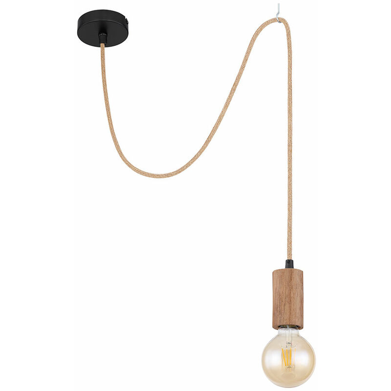Image of Etc-shop - Lampada corda Lampada vintage in legno E27 Lampada a sospensione vintage legno, corda di canapa metallo marrone nero, 1x attacco E27, DxH