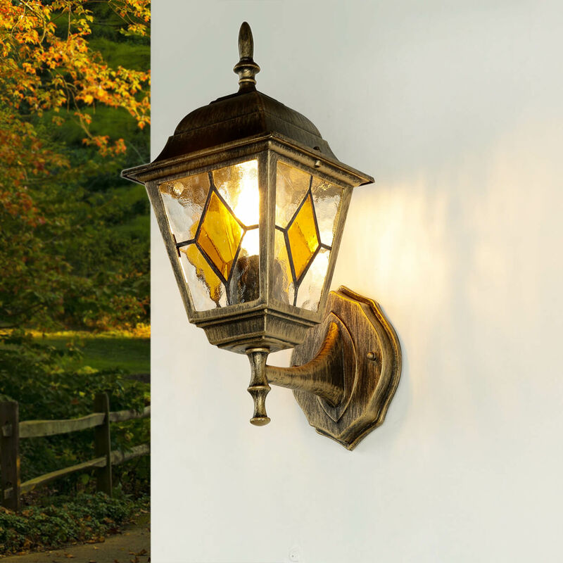 Image of Lampada da applique per esterni Lanterna da applique E27 in vetro colorato resistente alle intemperie - Oro antico