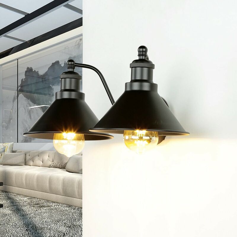Image of Licht-erlebnisse - Lampada da applique per interni con paralume in metallo nero Design industriale 2x E27 - Nero opaco