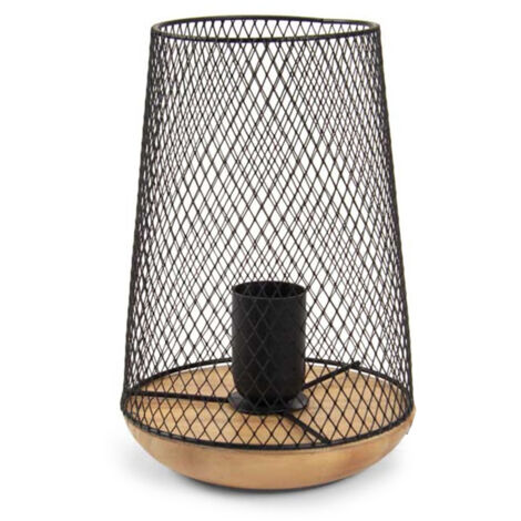 LAMPADA DA ARREDO IN METALLO CON BASE LEGNO A RETE 17X17X23CM IN COLORE NERO
