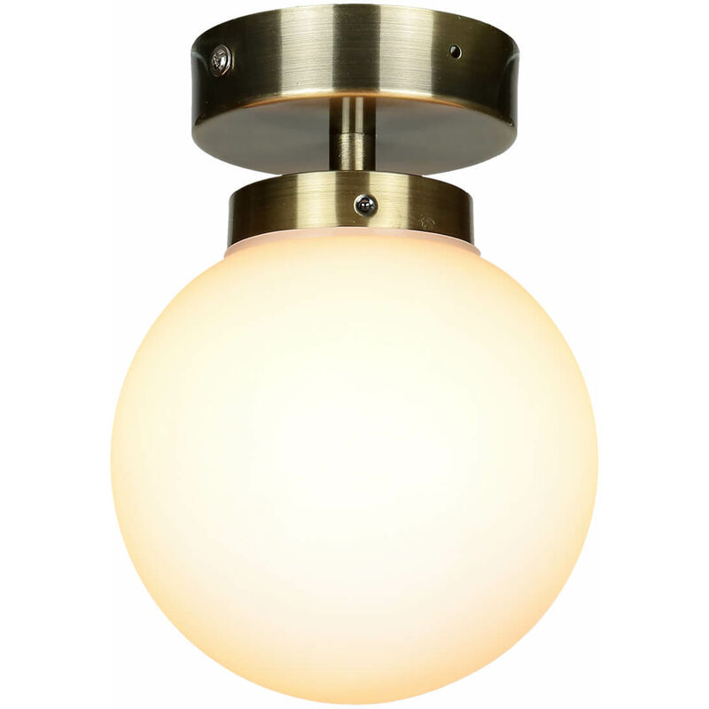 Image of Licht-erlebnisse - Lampada da soffitto Lampadario da bagno color ottone con paralume a forma di sfera in vetro color bianco - Ottone